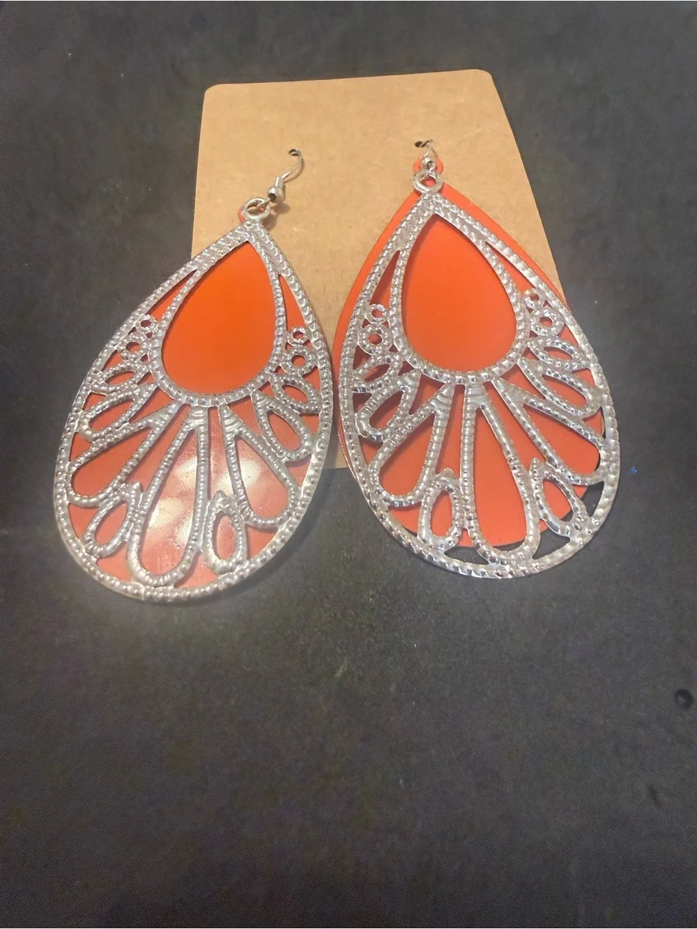 Silver Filigree Teardrop Earrings with Orange Inset